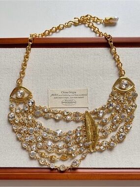 Schiaparelli Inspired Gold Crystal Multi-Strand Statement Necklace